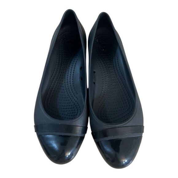 Crocs Womens Black Shiny Cap Toe Flat Ballet Slip On Shoes Work Size 9 - Picture 7 of 11